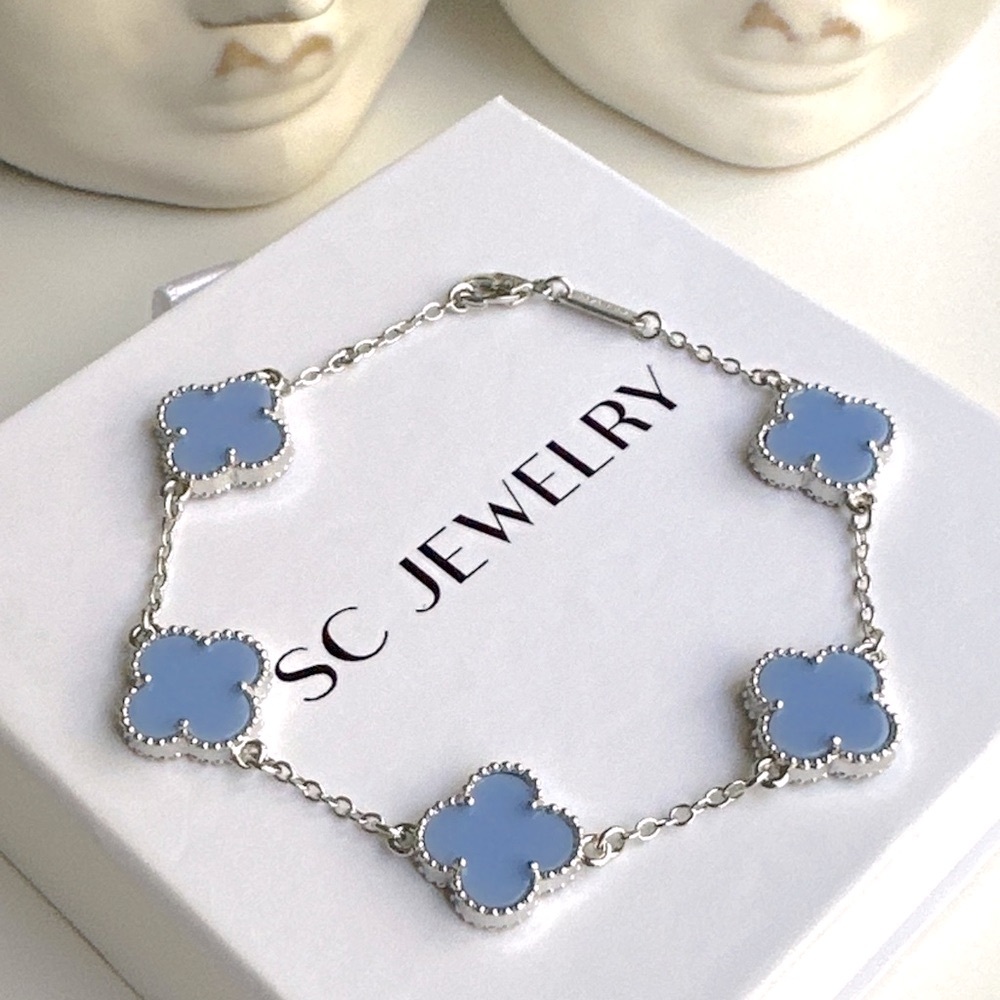 Light Blue Onyx Stone Clover Bracelet Double Sided  Platinum Plated Lightweight